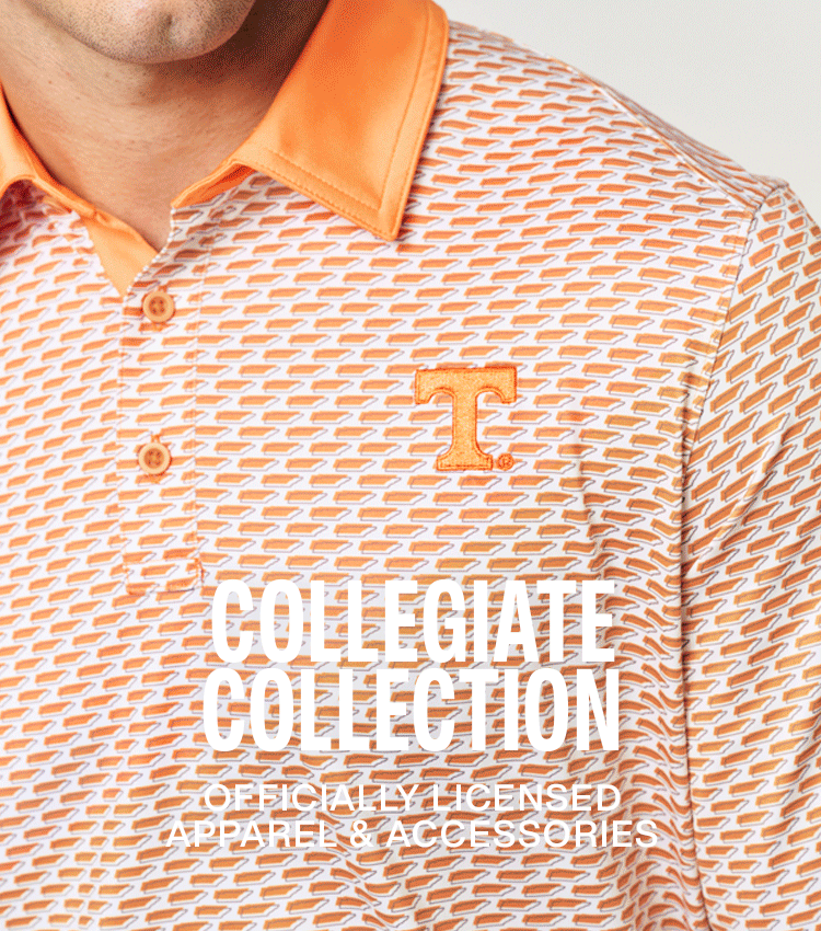 Four University polos in orange, purple, black, and burgundy are shown with the words Collegiate Collection shown over top the image.